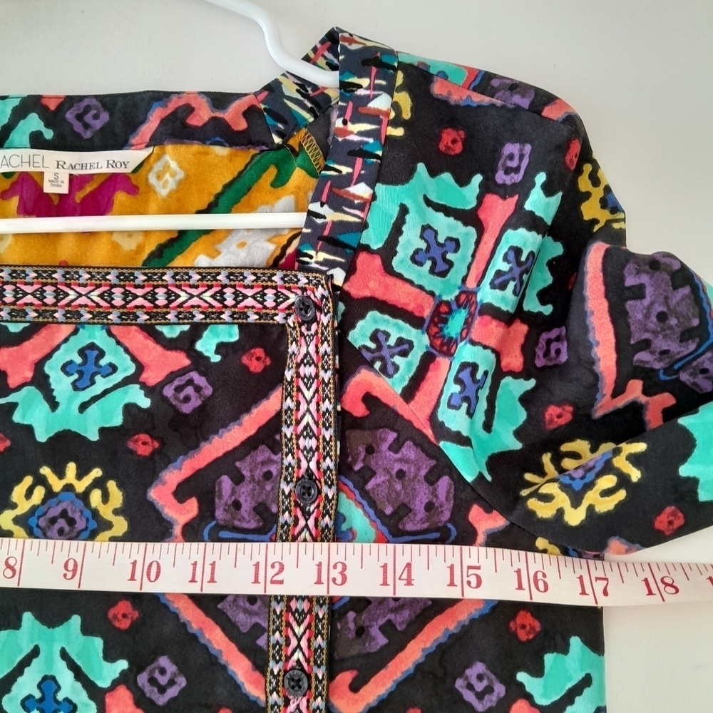 RACHEL ROY Multi print Festive Boho Long slv Braided Trim LIKE New Sz S - Picture 11 of 14